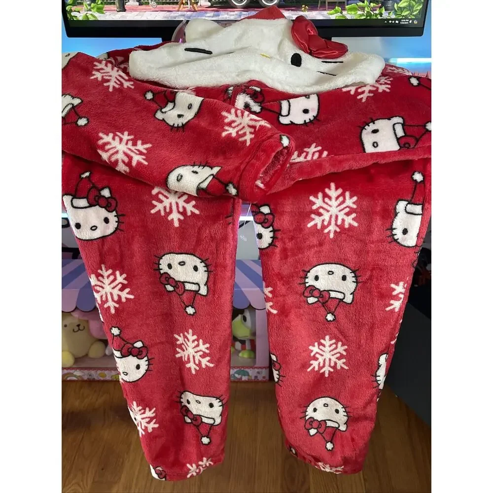 Hello Kitty Christmas Pajamas Hooded One Piece Red Jumpsuit Small S 2023 Sanrio